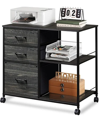 3 Drawer Mobile File Cabinet, Rolling Printer Stand with Open Storage Shelf, Fabric Lateral Filing Cabinet fits A4 or Letter Size for Home Office, Cha