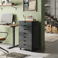 Devaise 7-Drawer Chest, Wood Storage Dresser Cabinet with Wheels, Black
