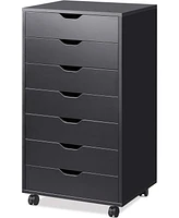 Devaise 7-Drawer Chest, Wood Storage Dresser Cabinet with Wheels, Black