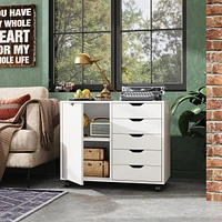 Devaise 5-Drawer Wood Dresser Chest with Door, Mobile Storage Cabinet, Printer Stand for Home Office