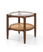 Gymax 2-Tier Round Side End Table Pe Rattan Sofa Nightstand Tempered Glass Tabletop
