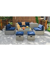 Sugift 8 Pieces Patio Rattan Furniture Set with Storage Waterproof Cover and Cushion-Navy