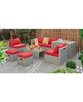 Sugift 8 Pieces Patio Rattan Furniture Set with Storage Waterproof Cover and Cushion-Red