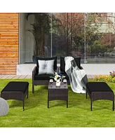 Sugift 5 Pieces Patio Rattan Sofa Ottoman Furniture Set with Cushions-Black