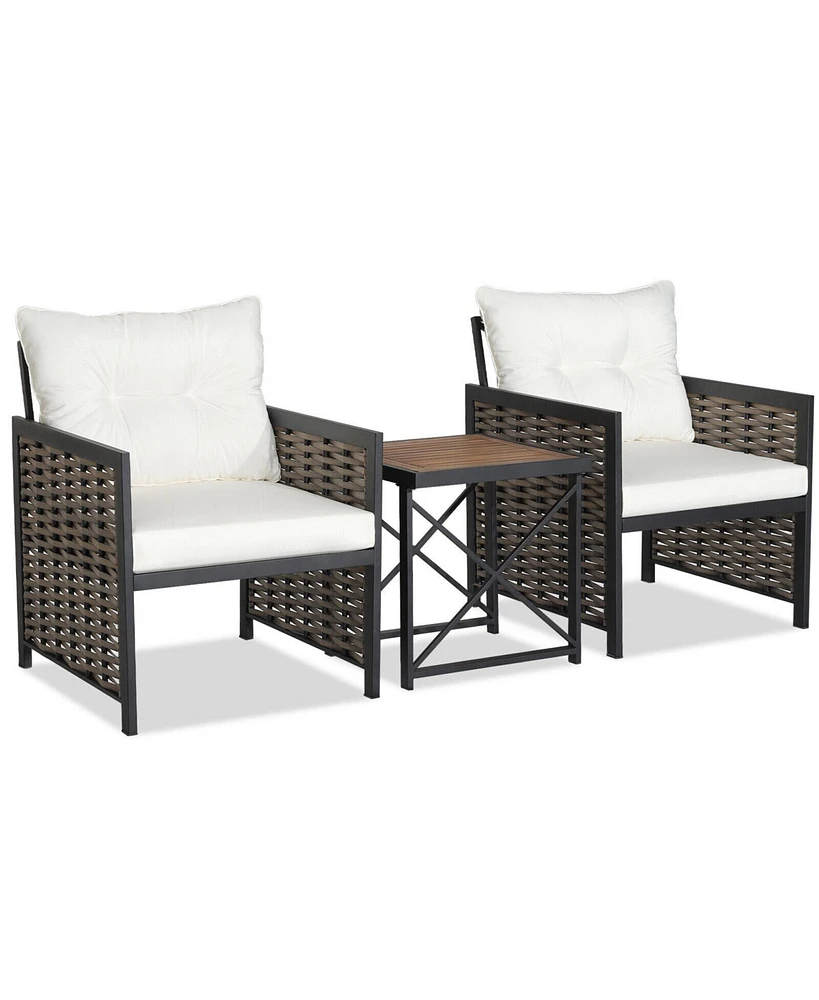 Sugift 3 Pieces Patio Rattan Furniture Set with Acacia Wood Tabletop-White