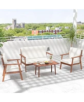 Sugift 4 Piece Outdoor Acacia Wood Conversation Set with Soft Seat and Back Cushions-White