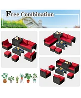 Sugift 8 Pieces Patio Rattan Storage Table Furniture Set-Red