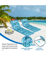 Sugift 3 Pieces Beach Lounge Chair Mat Set 2 Adjustable Lounge Chairs with Table Stripe-Green