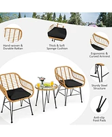 Sugift 3 Pieces Rattan Furniture Set with Cushioned Chair Table-Black