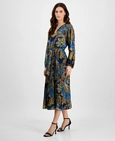 T Tahari Women's Printed Long-Sleeve Fit & Flare Dress