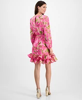 Taylor Petite Floral-Print Double-Flounce V-Neck Dress