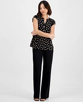 Ak Anne Klein Petite Short-Sleeve Printed Two-Button Top