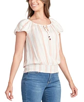 Bcx Juniors' Striped Bubble-Sleeve Pesant Top