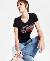 Guess Women's Rose Graphic Rhinestone Crewneck Tee