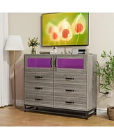 gaomon Dresser For Bedroom With Led Lights And Charging Station, 6 Drawer Double Dresser With 2 Shelves, Wide Modern Wooden Chest Of Drawers For Bedro