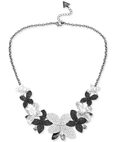 Guess Silver-Tone Black & Clear Pave & Marquise Stone Flower Statement Necklace, 18" + 2" extender