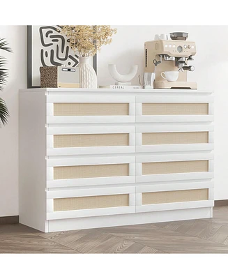 gaomon 8 Drawer Double Dresser For Bedroom, Rattan Chest Of Dressers, Modern Wooden Dresser Chest