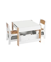 LuxenHome Kids Art Play Activity Table with Storage Shelf and Chair Set with Storage Baskets, White & Gray