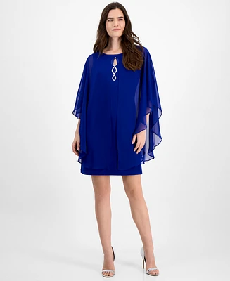 Connected Petite Chiffon-Overlay Cape Dress