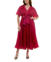 Taylor Plus Pleated Tie-Belt Flutter-Sleeve Maxi Dress