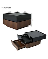 Slickblue 360° Rotating High Gloss Coffee Table with 2 Drawers, 2-Tier Swivel Top & Walnut Frame for Living Room