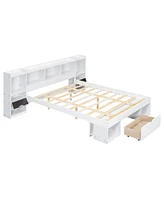 Slickblue Queen Size Wood Platform Bed with Multi-Storage Headboard and Built-In Drawer