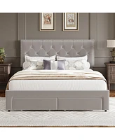 gaomon King Size Bed Frame with 2 Storage Drawers, Velvet Platform Bed Frame with Button Tufted Rivets Headboard