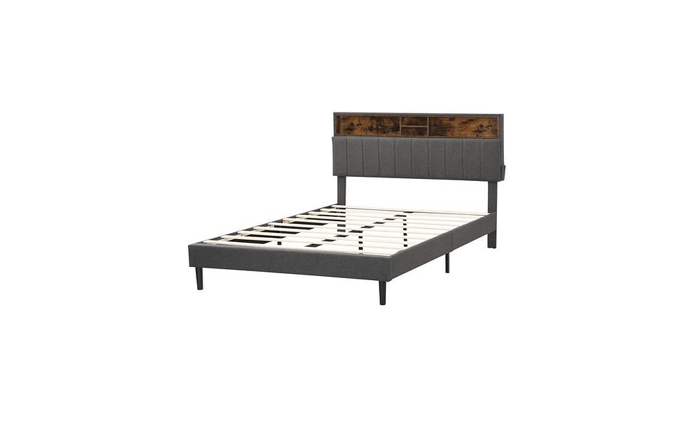 Slickblue Queen Size Upholstered Platform Bed with Storage Headboard and Built-In Usb Ports