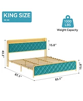 gaomon King Bed Frame,Velvet Upholstered Platform Frame with Diamond Tufted Headboard, No Box Spring Needed