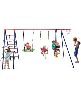 Hongge 550 Lbs 6-in-1 Patio Kids Swing Set with Climbing Net and Ladder