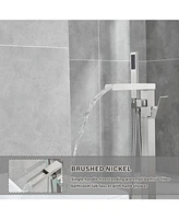Flynama Single-Handle Free Standing Waterfall Tub Filler Bathroom Tub Faucet with Handheld Shower in Brushed Nickel