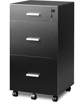 Devaise 3 Drawer Rolling File Cabinet with Lock, Wood Filing Cabinet fits Letter / A4 Size for Home Office, Black