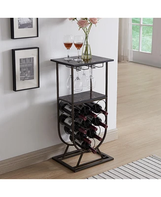 Kings Brand Furniture Freestanding Floor Wine Rack Console Table with Glass Holder, Wine Holder Stand for 9 Bottles, Pewter/Marble
