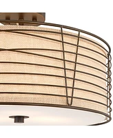 Franklin Iron Works Marlowe 18" Modern Industrial Semi Flush-Mount Ceiling Light Fixture Kitchen Foyer Hallway Drum Round Cage Brown Bronze Finish Met