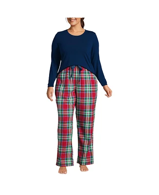 Lands' End Plus Pajama Set Knit Long Sleeve T-Shirt and Flannel Pants