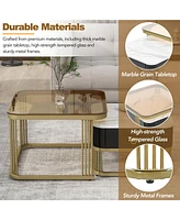 Slickblue Set of 2 Nesting Coffee Tables with Drawer, Brown Glass Top & High Gloss Marble for Living Room