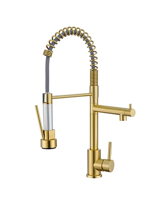 Flynama Spring Double Handles Deck Mount Pull Out Sprayer Kitchen Faucet with Clean Water Outlet