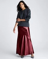 Kenneth Cole Womens Oversized Crewneck Sweater Satin Pull On Maxi Slip Skirt