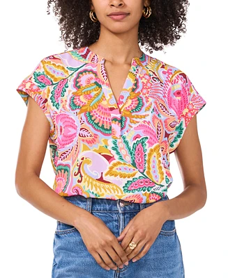 Vince Camuto Women's Printed Split-Neck Short-Sleeve Top