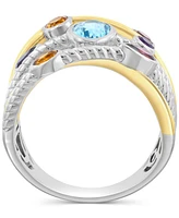 Effy Multi Gemstone Mixed Cut Bezel Crossover Statement Ring (1-7/8 ct. t.w.) in Sterling Silver & 14k Gold-Plated Sterling Silver