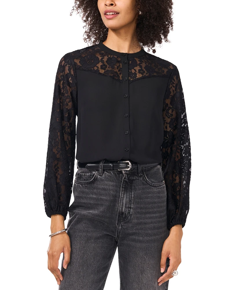 Vince Camuto Women's Lace Yoke Button-Front Top