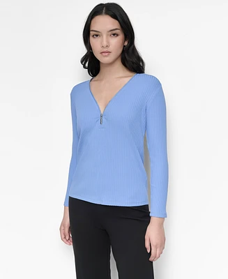 Dkny Women's Ribbed Half-Zip V-Neck Top