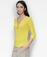 Dkny Women's Ribbed Half-Zip V-Neck Top