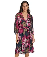 Calvin Klein Women's Printed Surplice-Neck A-Line Faux-Wrap Dress