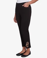 Alfred Dunner Women's Rue Rivoli Embroidered Leaf Flat Elastic Waist Medium Length Ponte Pants