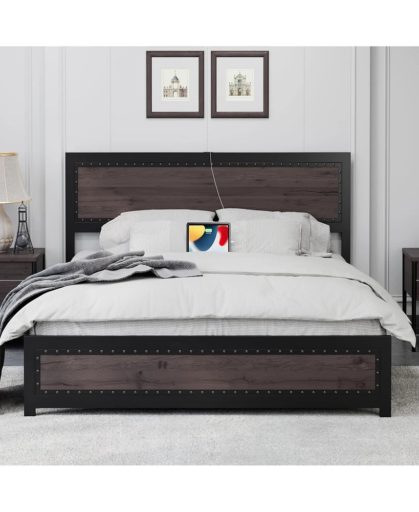 gaomon Full Bed Frame with Headboard, Industrial Platform Charging Station