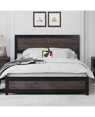 gaomon Full Bed Frame with Headboard, Industrial Platform Charging Station