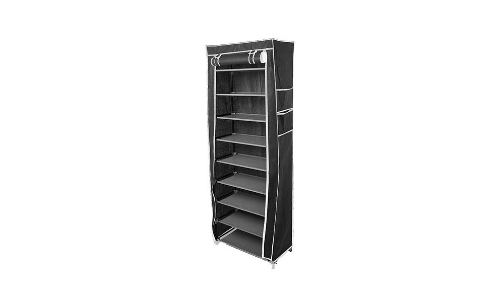 Slickblue Space-Saving 10-Layer Shoe Rack with 9 Compartments, Non-Woven Fabric Organizer - Black