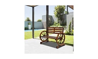 Slickblue Rustic 2-Person Wooden Wagon Wheel Bench – Slatted Seat and Backrest, Brown Finish