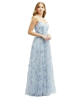 Floral Ruched Wrap Bodice Tulle Dress with Long Full Skirt